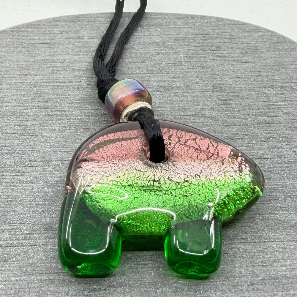 Pink‎ Green Dichroic Glass Elephant Pendant Necklace Black Cord Boho Statement